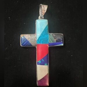 TAXCO STERLING MULTI STONE INLAY CROSS PENDANT vintage